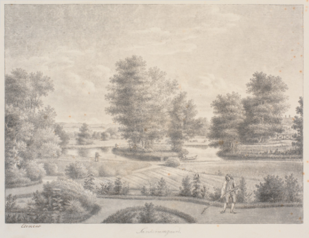 Sanderumgaard's garden with tree-covered island. In the foreground, a man with a rake, Christoffer Wilhelm Eckersberg