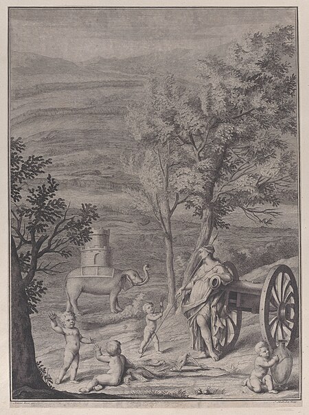 A woman standing against a cannon at right, putti in the foreground, and an elephant with a tower on its back in the background at left, from Danubius Pannonico-Mysicus (Volume 3), Jacobus Houbraken, 1726