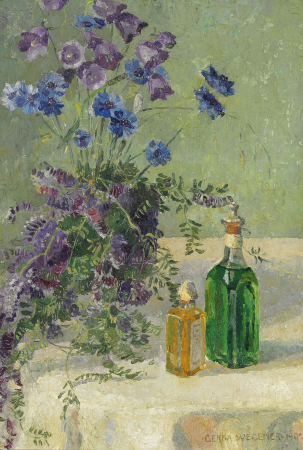 Still life with blue flowers and two bottles on a table, Gerda Wegener, 1907