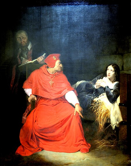Joan of Arc, ill, is interrogated in her prison by the Cardinal of Winchester., Paul Delaroche, 1824