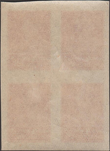 The Soviet Union 1923 CPA 102 block of 4 stamps back (1st standard issue of Soviet Union. 1st issue. Worker) 600dpi, 11 October 1923