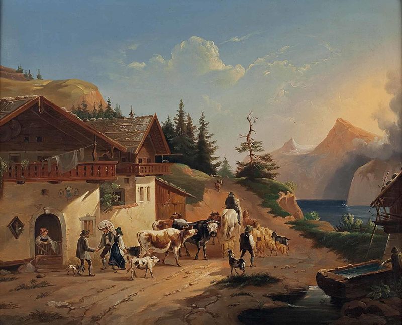 Exit of the shepherds with the cattle in front of the farmhouse, Friedrich Gauermann