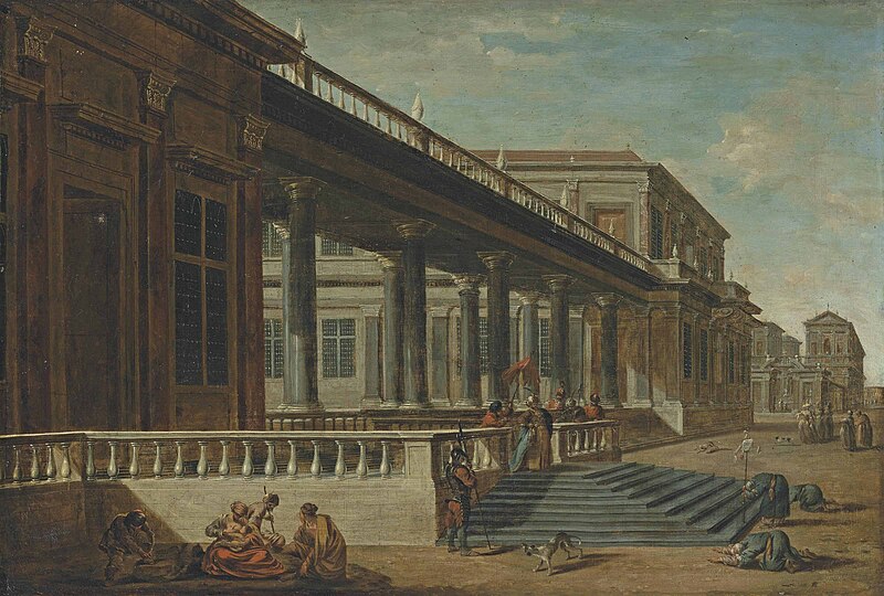 Capriccio of a palace terrace with a family of mendicants in the foreground, a pasha and his retinue beyond, Jacobus Ferdinandus Saey, between 1673 and 1726