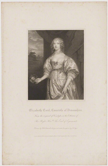 Elizabeth Cavendish (née Cecil), Countess of Devonshire by John Samuel Agar, published by Lackington, Allen & Co, and published by Longman, Hurst, Rees, Orme & Brown, after Robert William Satchwell, after Sir Anthony van Dyck