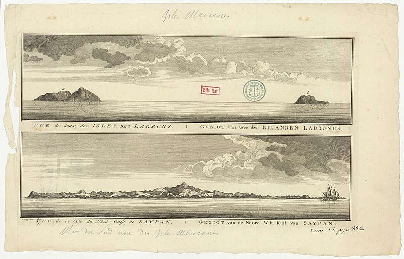 Vue de deux des Îles des Larrons; View of the Northwest Coast of Saypan / J.Y. Schley direct. Alternative title: Gezigt van twee der Eilanden Ladrones; View of the north-west coast of Saypan