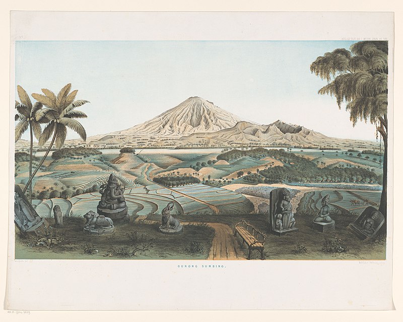Vulkaan Sumbing te Java Gunong Sumbing (titel op object) Atlas tot het werk Java (serietitel op object) Atlas van platen bevattende elf pittoreske gezigten, behoorende tot het werk Java, zijne gedaante, zijne plantent, RP-P-1904-3879, Carl Wilhelm Mieling, 1854
