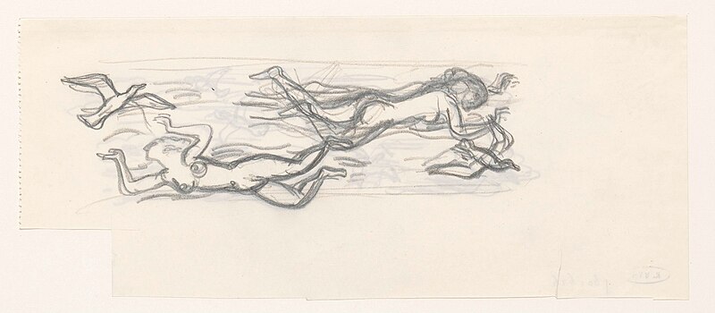 Schetsblad met zwevende naakte vrouwen in de lucht tussen de zeemeeuwen in, RP-T-1960-626, Leo Gestel, between 1891 and 1941