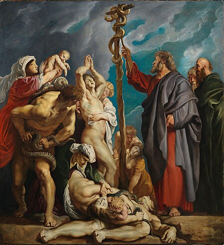 Anyone who is bitten by a snake is cured by looking at the brazen serpent raised by Moses (Numbers 21:6-9), Peter Paul Rubens, circa 1610