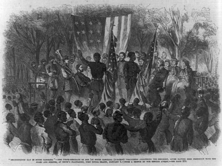 "Emancipation Day in South Carolina" - the Color-Sergeant of the 1st South Carolina (Colored) addressing the regiment, after having been presented with the Stars and Stripes, at Smith's LCCN99614128, Frank Leslie, 24 January 1863
