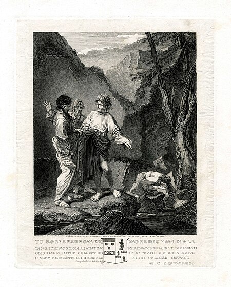 William Camden Edwards - Diogenes, holding a cup, addressing two companions in a mountainous gorge while pointing towards a man who is drinking from the stream using his cupped hand, 1813, Salvator Rosa