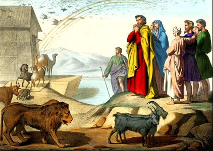 06 Noah and his Family and the Animals leave the Ark - Rainbow showing