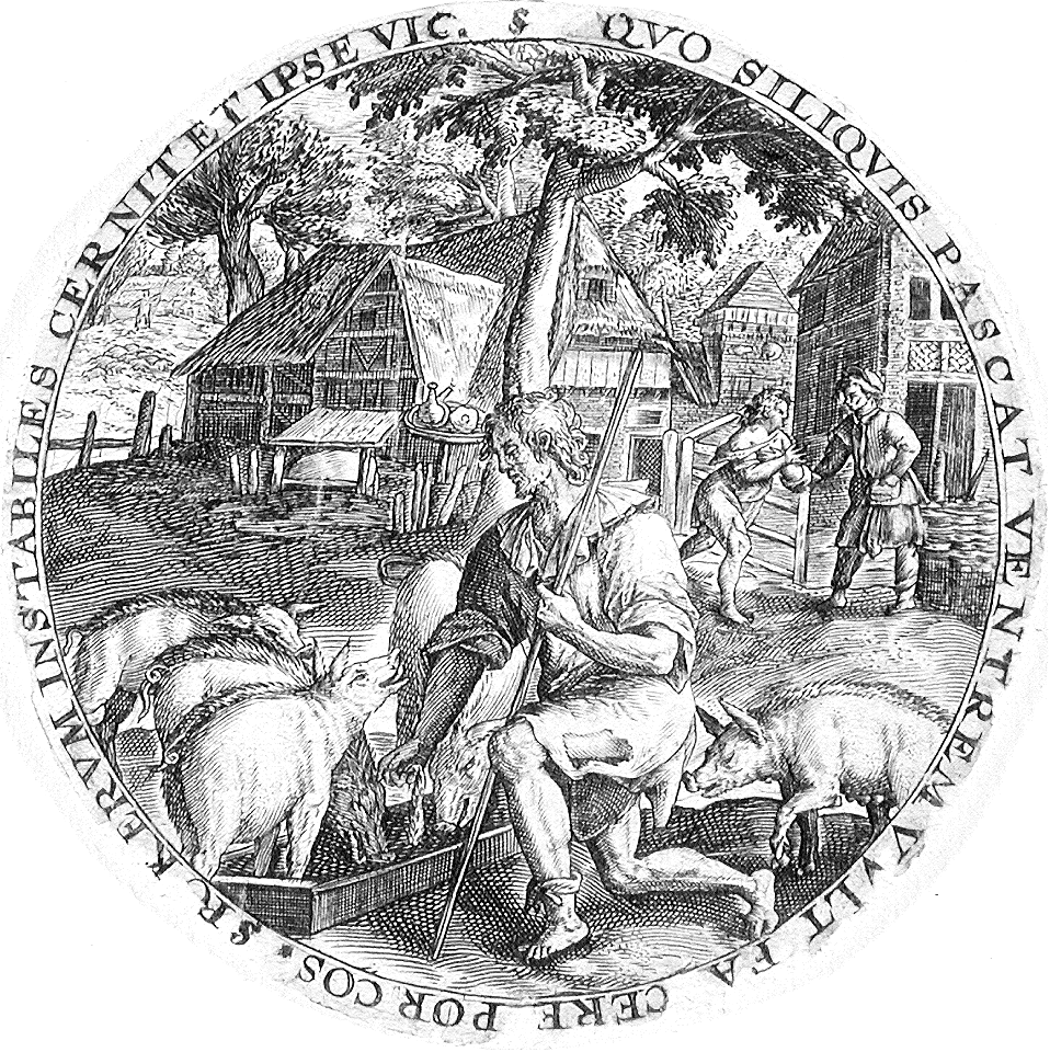 085 Scene from the Parable of the Prodigal Son - The Prodigal feeds the Pigs (van de Passe 1601)
