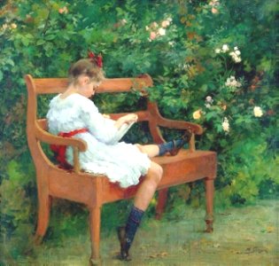 Girl reading on a garden bench - Hermann Seeger