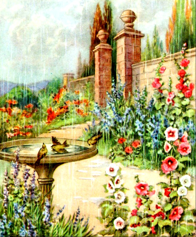 09 Birds in Birdbath in Flower Garden (color)