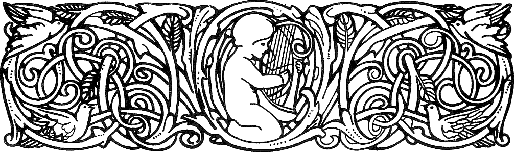 Ornament - Header-Footer of Baby playing Harp with Birds and Twigs