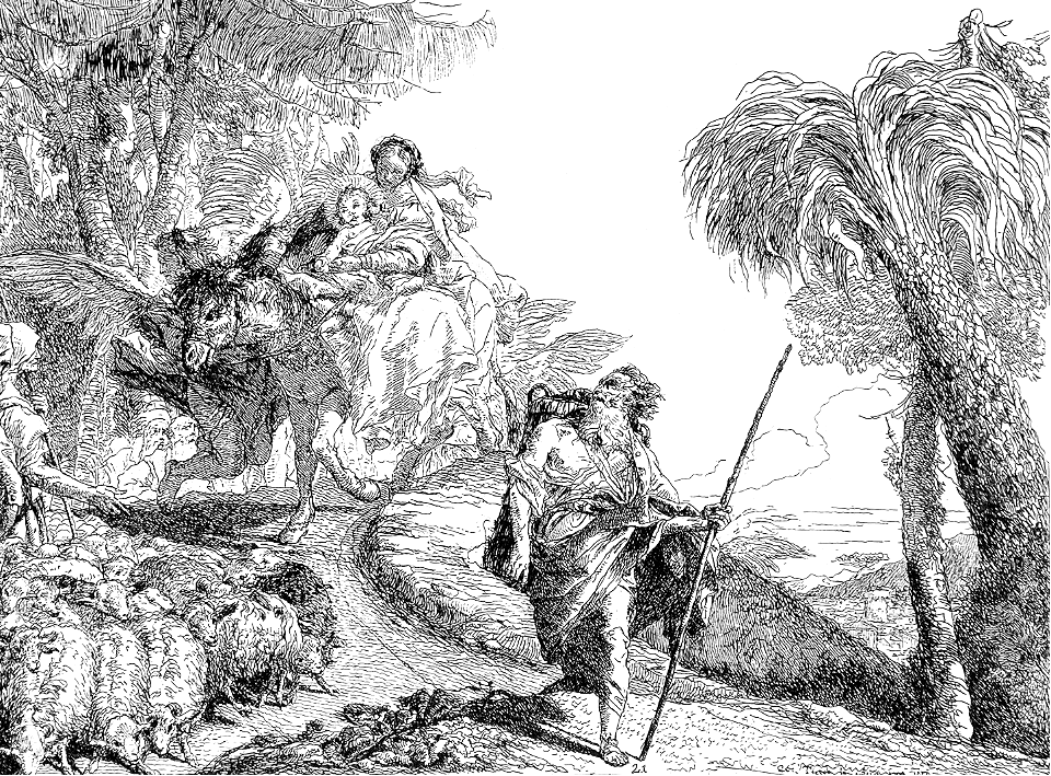 046 The Holy Family Descending a Forest Path, Near a Flock and Some Shepherds (Tiepolo 1753)