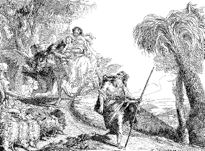 046 The Holy Family Descending a Forest Path, Near a Flock and Some Shepherds (Tiepolo 1753)