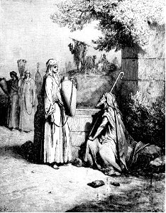 02 Genesis 24 - Abrahams Servant meets Rebecca at the well - she gives him water and his camels. Free illustration for personal and commercial use.