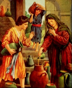 19 2 Kings 04 v01-17 At Elishas command the Widow fills containers with Oil. Free illustration for personal and commercial use.