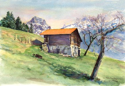 Mountain barn at 'Les Posses' above Gryon - watercolour 38x54cm 2003. Free illustration for personal and commercial use.