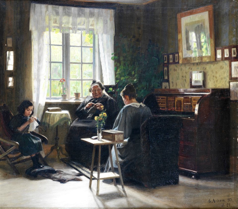 Mother, daughter and granddaughter knitting - Georg Achen