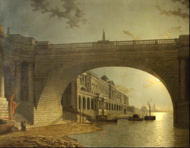 Somerset House and Waterloo Bridge, London, by night - Henry Pether. Free illustration for personal and commercial use.