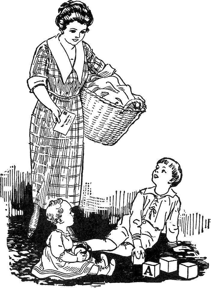 Children Playing, Mother with Laundry Basket and Letter