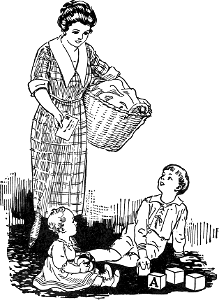 Children Playing, Mother with Laundry Basket and Letter