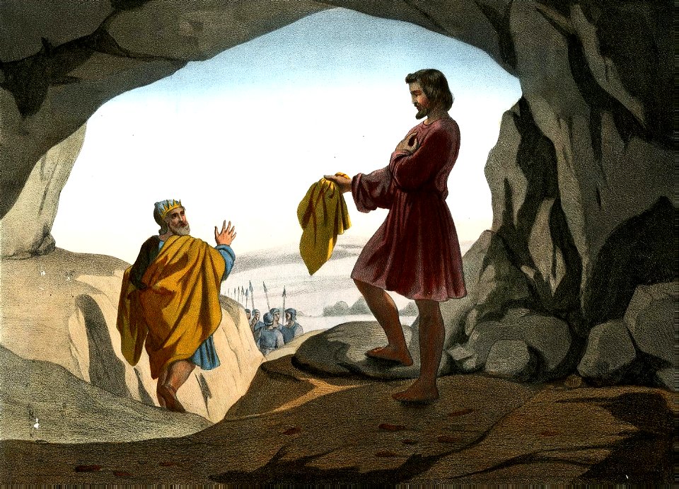 26 David shows Saul the piece of Garment he cut off while Saul was in ...