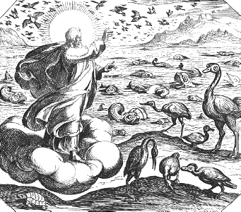 009 God Creating the Birds and the Fish (Tempesta c1600). Free illustration for personal and commercial use.