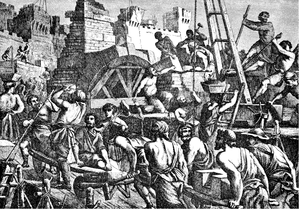 093 Nehemiah 04 v17 The Walls of Jerusalem being rebuilt