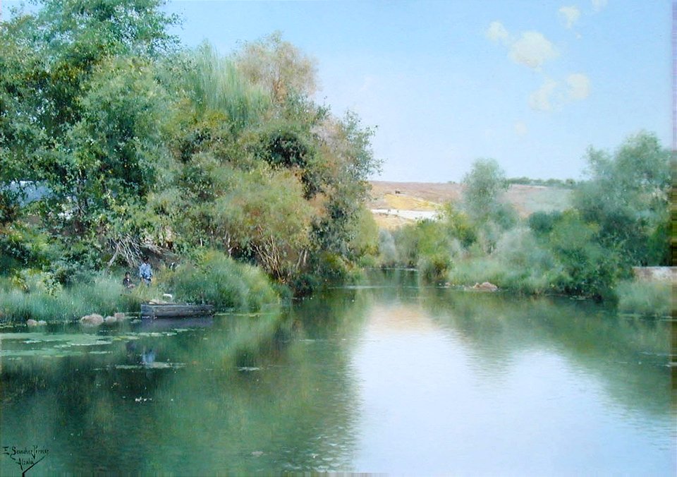 Landscape with boat and men - Emilio Sanchez-Perrier