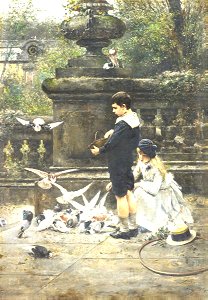 Children feeding pigeons in the park - Eugène Joors