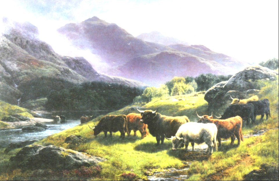 Highland cattle grazing by a mountain stream - William Watson