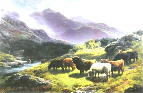 Highland cattle grazing by a mountain stream - William Watson