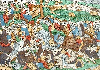 122 A Battle Scene - The Prophecies of Habakkuk in the Background (Amman 16th c). Free illustration for personal and commercial use.
