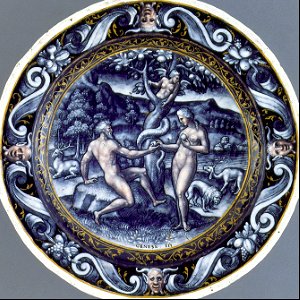 021 Plate with Scene of the Temptation of Adam and Eve (Courtays 1560). Free illustration for personal and commercial use.