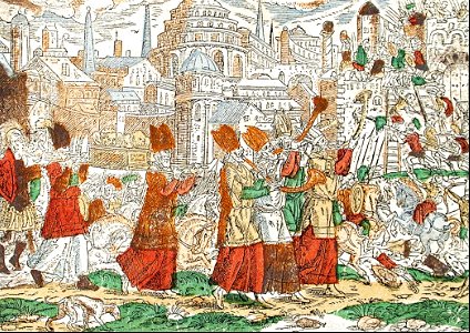 086 The Priests Carry the Ark of the Covenant around Jericho (Amman 16th c). Free illustration for personal and commercial use.