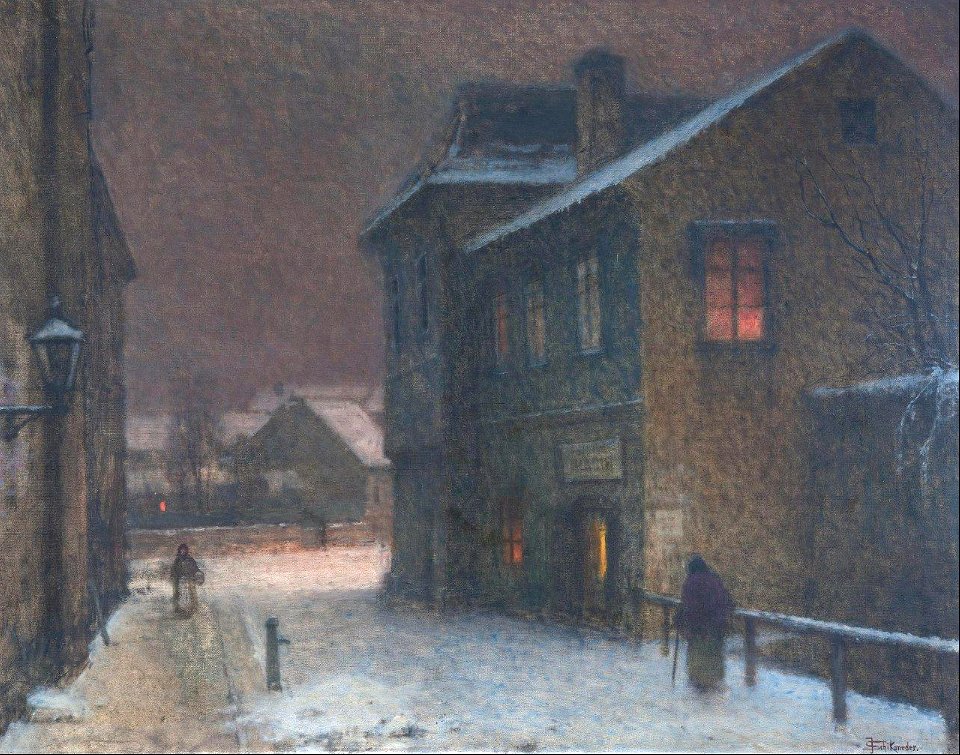 Street in snow - Jakub Schikaneder