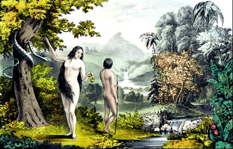 Adam and Eve in the Garden of Eden. Free illustration for personal and commercial use.