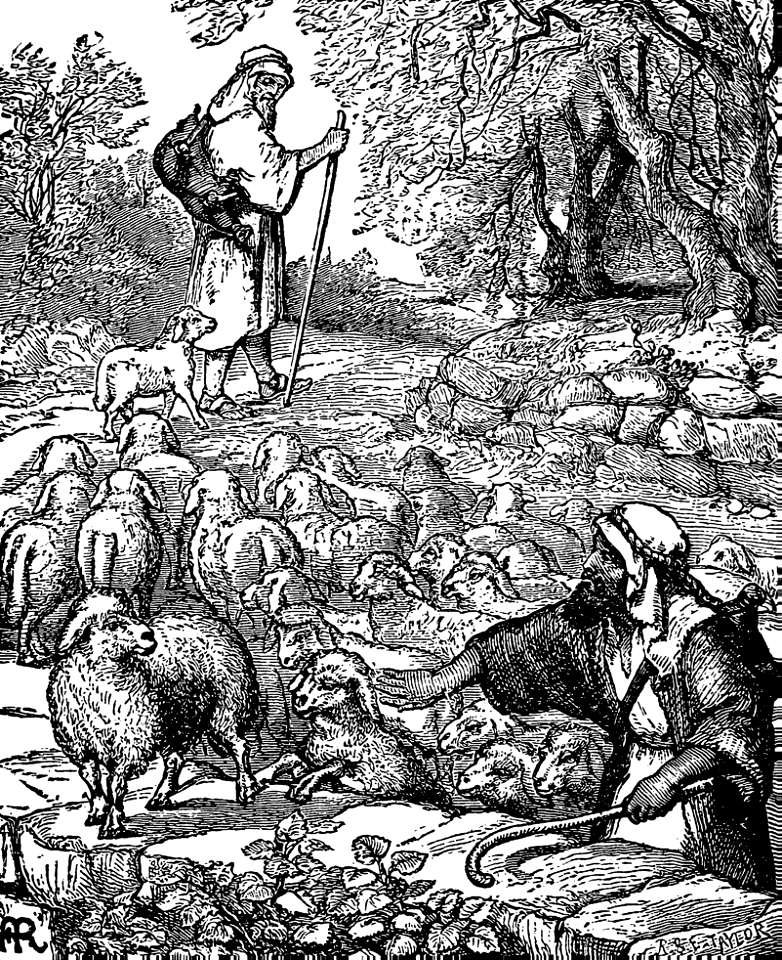 Shepherd caring for the Sheep (All we like Sheep have gone astray). Free illustration for personal and commercial use.