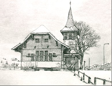 Church 'Aux Mosses' Switzerland -etching 25x29cm 1985. Free illustration for personal and commercial use.