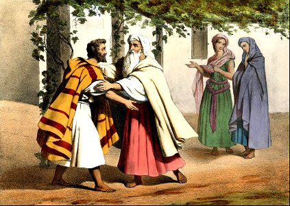 11 Jacob and Laban greet each other, with Rachel and Leah in the background