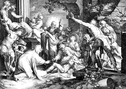 099 The Raising of Lazarus (Muller and Bloemaert 1600). Free illustration for personal and commercial use.