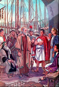 083 Paul, as a prisoner on the way to Rome, landed in Italy, local Christians came to meet him (color)