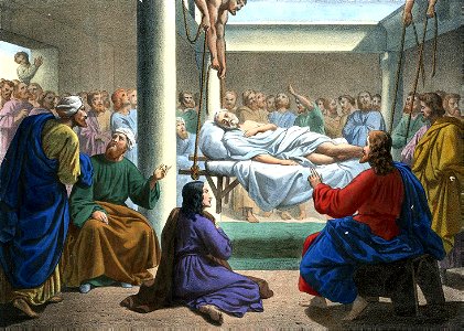 14 Christ heals the Paralytic let down through the Roof. Free illustration for personal and commercial use.