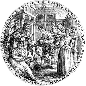 081 Scene from the Parable of the Prodigal Son - The Prodigal takes his portion of the Inheritance (van de Passe 1601)