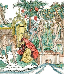027 The Fall and Expulsion of Adam and Eve from Paradise (Nuremburg Chronicles 1493). Free illustration for personal and commercial use.