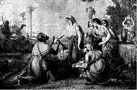 010 Genesis 24 v22 Eleazar puts the gold bracelets on Rebekahs wrist