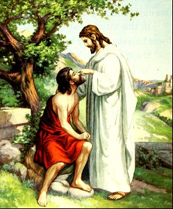 12 Jesus heals the Blind Man by touching his Eyes (color)
